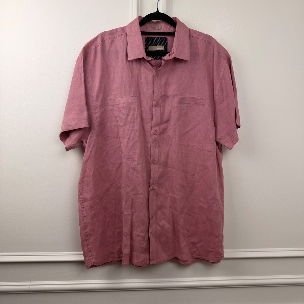 Bruno Mens Pure Linen Short Sleeve Button Down Shirt Pink Large Polka Dot Trim
